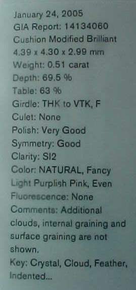 This diamond has a delicious light purple pink color- very apparent, and quite lovely. Pink is quite rare in diamonds, and very very special. The color manifests itself in a different way than the shade of Yellow for example.